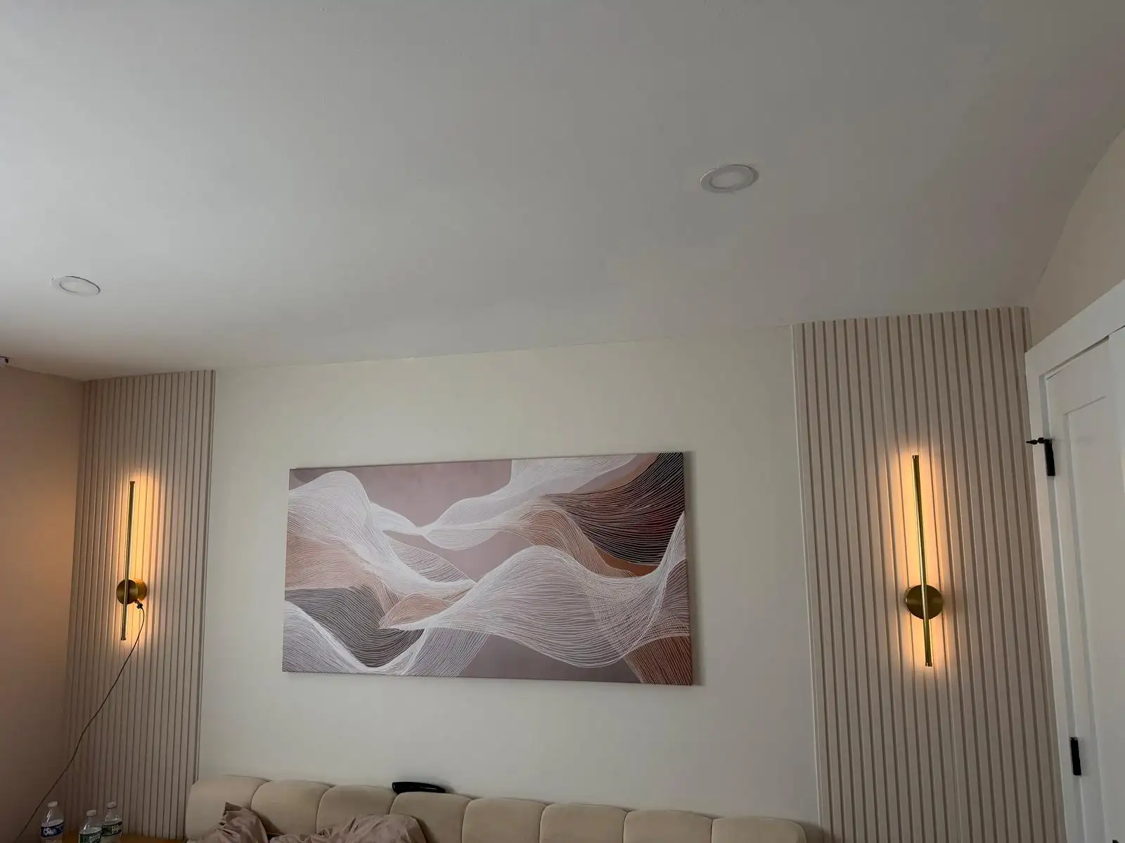 Living room accent wall with sconces — Bath Beach, Brooklyn