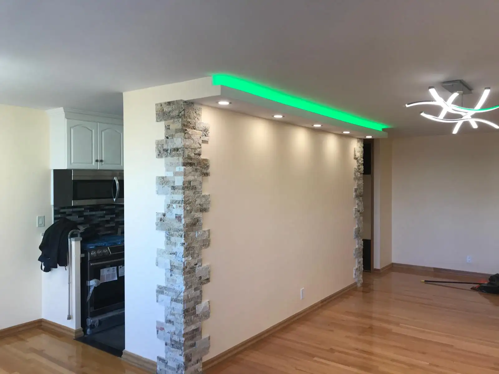 Living room stone column and LED lighting — Brighton Beach, Brooklyn