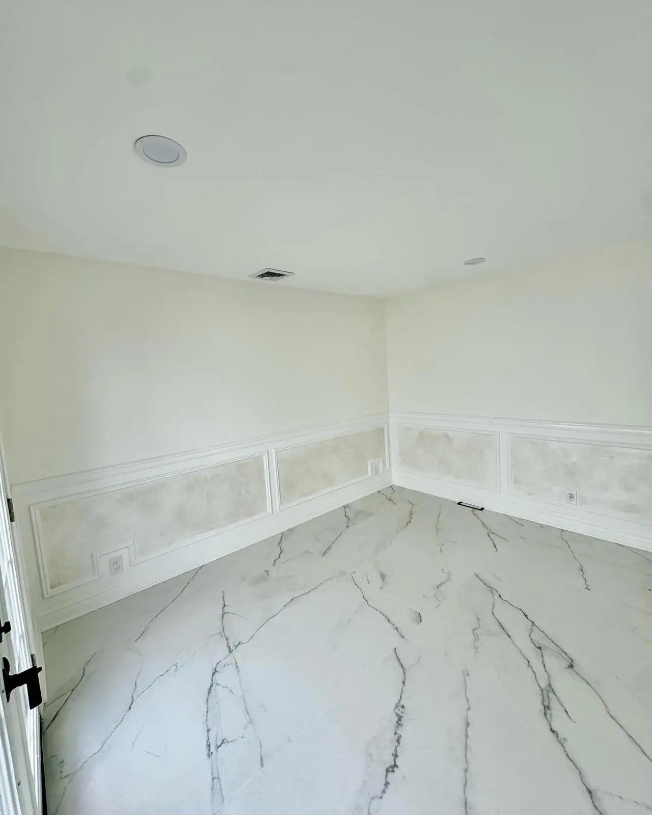 Marble-look porcelain tile floor with wainscoting — Arrochar, Staten Island