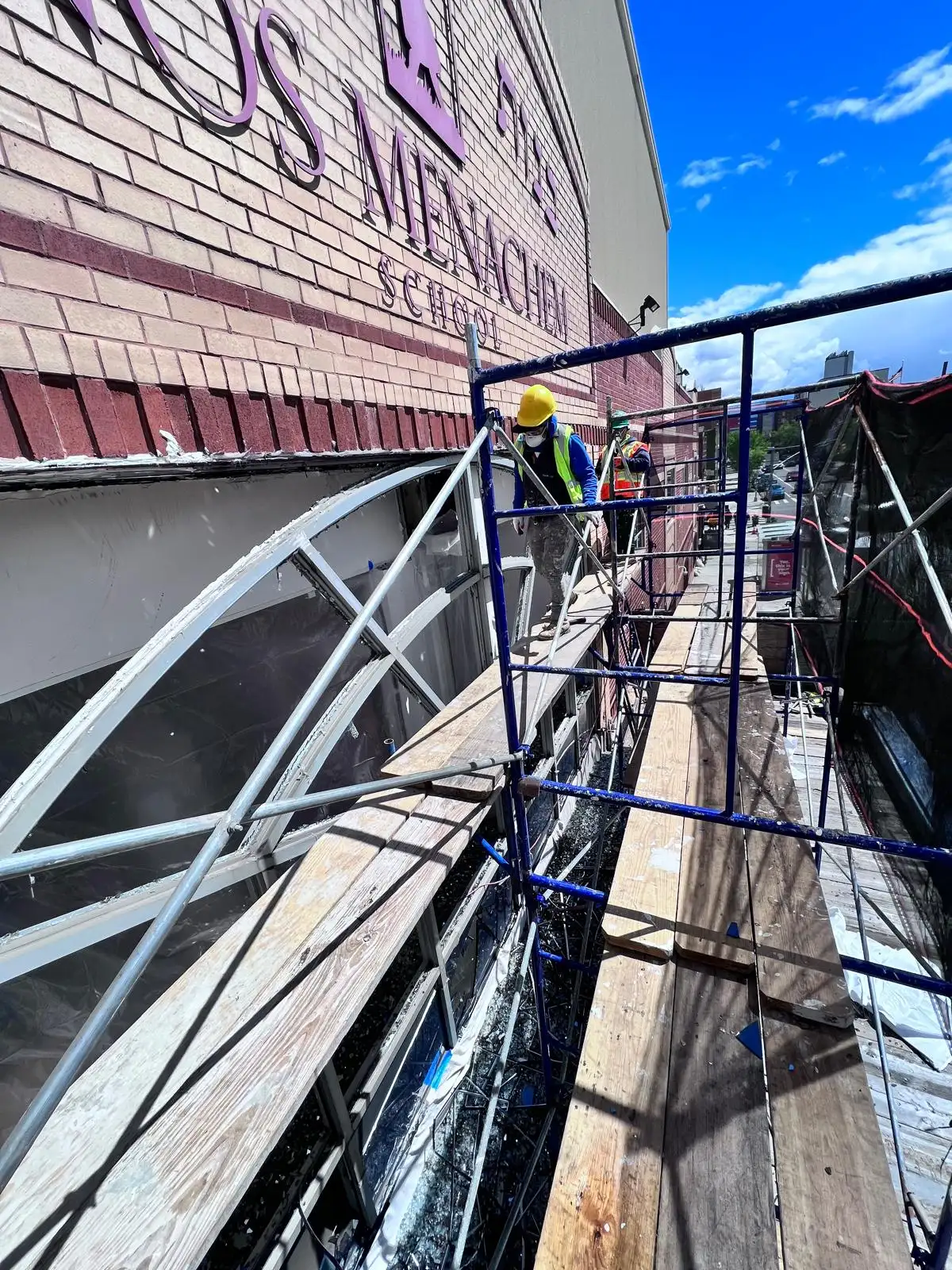 Scaffold access at facade — Crown Heights, Brooklyn
