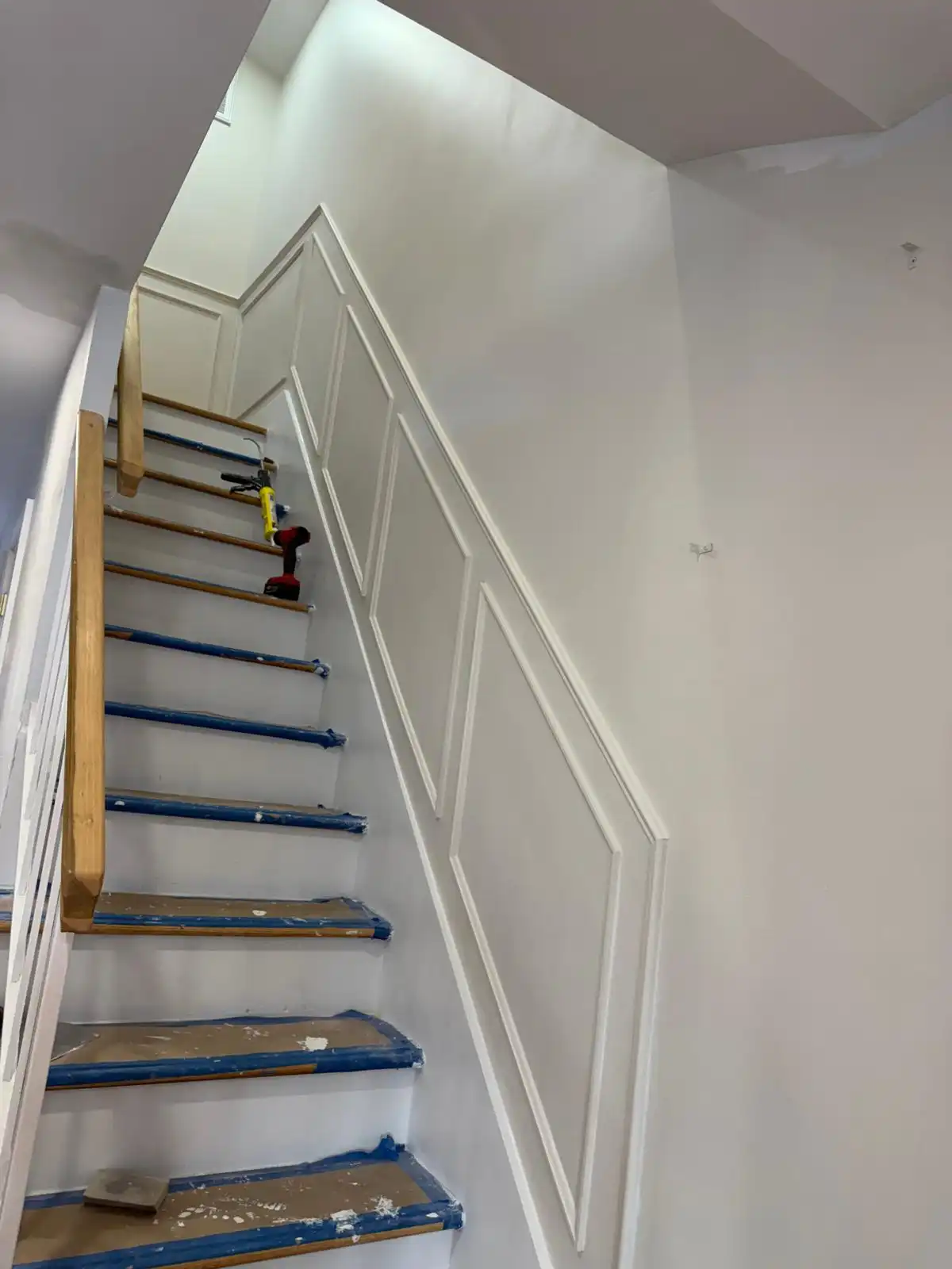 Staircase wainscoting with new trim — Bath Beach, Brooklyn